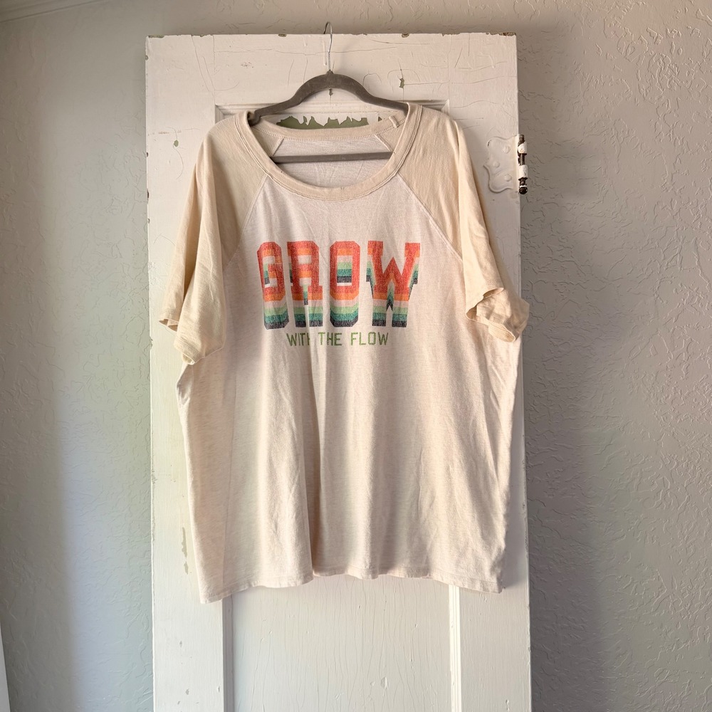 Aerie Grow With The Flow Graphic Raglan Tee XL Cream Beige Retro Rainbow Slub